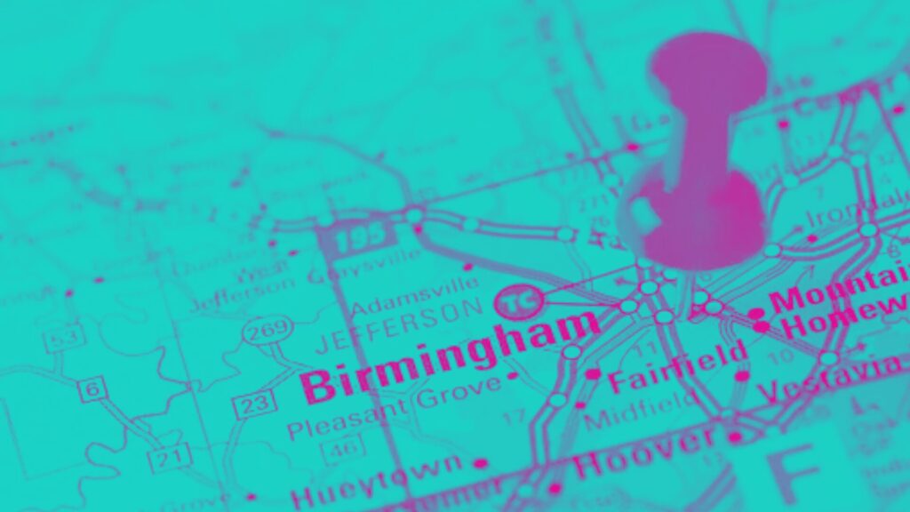 A map with a pushpin on Birmingham