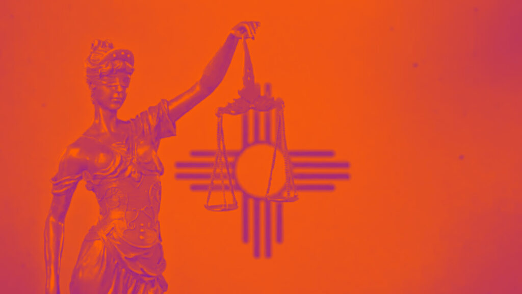 Lady Justice with the flag of New Mexico