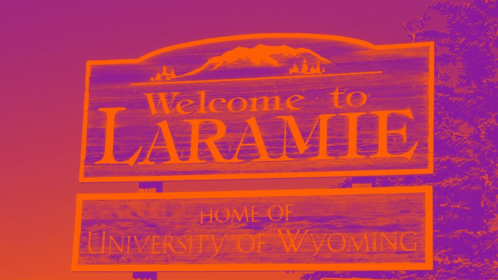 Welcome signboard to Laramie in Wyoming.